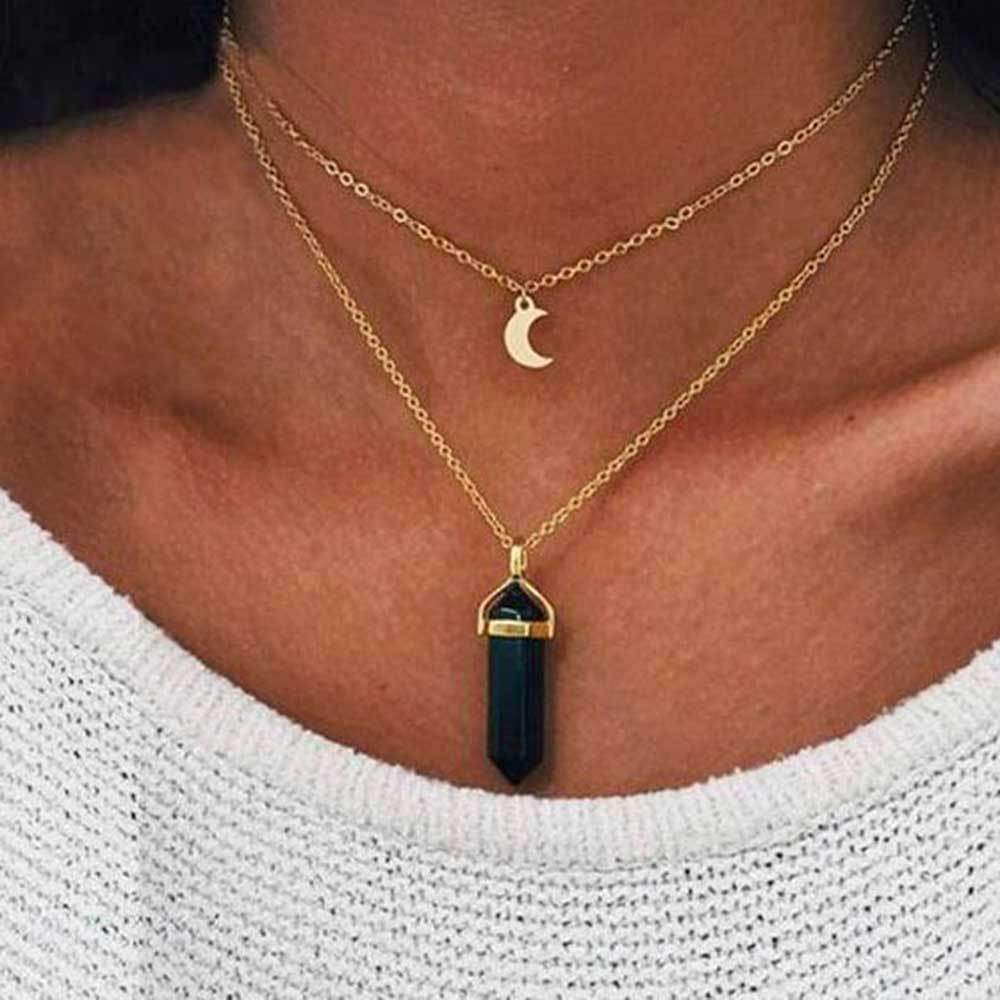Collar Doble Dorado con Obelisco y Luna - Piedra Natural