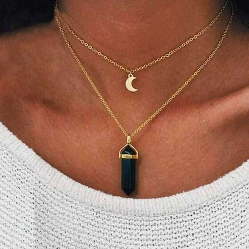 Collar Doble Dorado con Obelisco y Luna - Piedra Natural